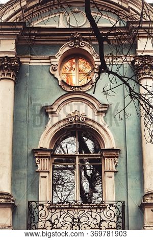 Beautiful Light Blue And White Historic Window And French Balcony. Ornamental Detail Of Architecture