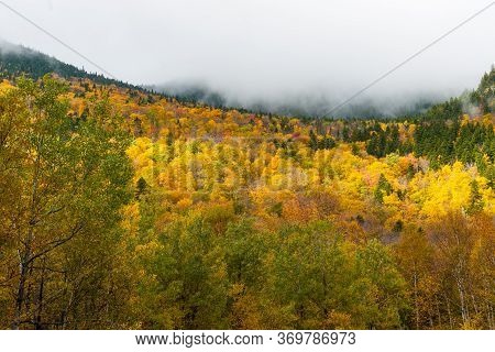 Clouds Roll Into Valley Of Brilliant Fall Colored Forest Bewteen High Rocky Bluffs. Maine Usa, Fall 