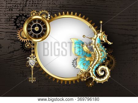 Antique, Round Banner With Mechanical Seahorse, Antique Watch With Black Dial And Brass Gears On Bro