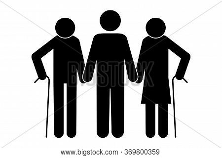 Silhouette Of Old Husband And Wife With Son. Image Of Grandparents With Son. Vecton Image. Stock Pho