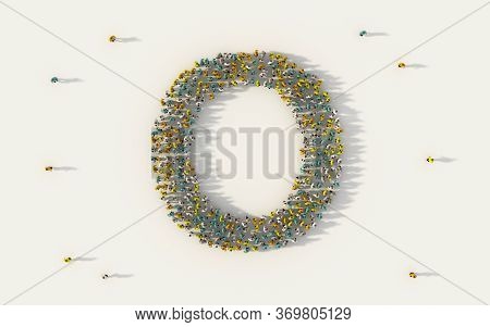 Large Group Of People Forming Letter O, Capital English Alphabet Text Character In Social Media And 