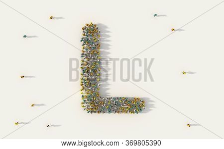 Large Group Of People Forming Letter L, Capital English Alphabet Text Character In Social Media And 