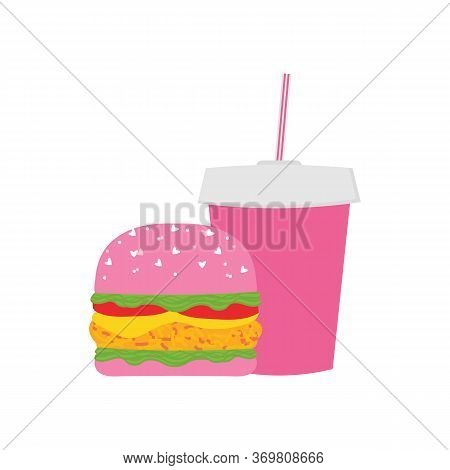 Cute Pink Cartoon Style Cheeseburger And Soft Drink In Plastic Cup, Fast Food Delievery Illustration