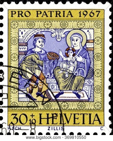 02 10 2020 Divnoe Stavropol Territory Russia The Postage Stamp Switzerland 1967 Pro Patria Worshippi