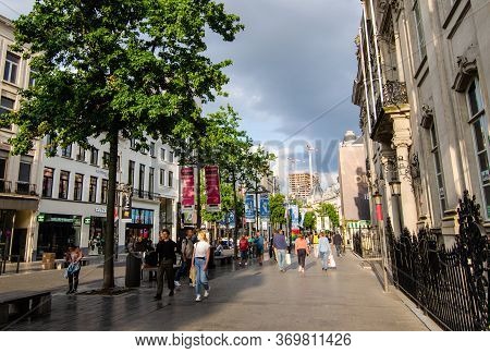 Antwerp, Flanders, Belgium. August 2019. Along The Main Shopping Street, The Meir, Many People Strol