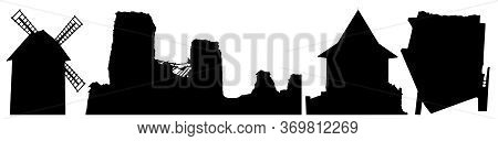 Silhouettes Of Building Of Belarus (windmill, Ruins, Castle, Upside Down House). Vector Illustration