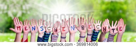 Children Hands Building Word Menschenrechte Means Human Rights, Grass Meadow