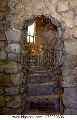 Hararit, Israel, May 30, 2020 : Ropes From Bells And Steps Leading To The Bell Tower In The Lavra Ne