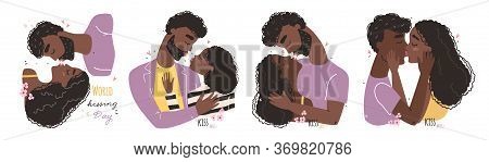World Kissing Day. Romantic Black African American Couple In Love Kissing.