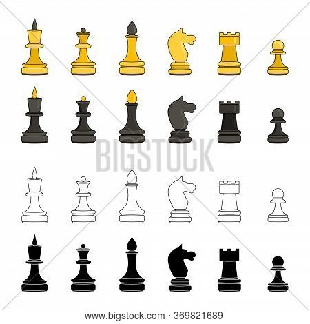 Set Of Chess Pieces In Four Versions: Yellow, Black, Line And Silhouette. Vector Illustration