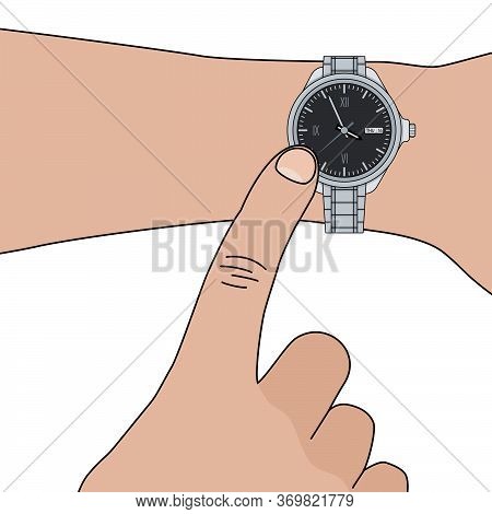 Grey сlassical Stylish Man Wristwatch On Hand. Vector Flat Illustration