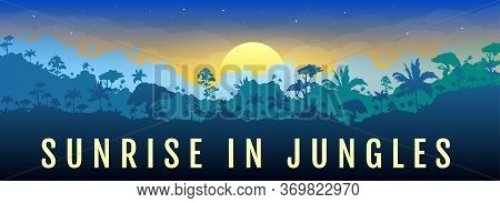 Sunrise In Jungles Flat Color Vector Banner Template. Dawn In Forest. Panoramic View On Exotic Woods