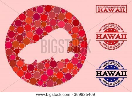 Vector Map Of Kahoolawe Island Collage Of Circle Spots And Red Scratched Seal Stamp. Hole Circle Map