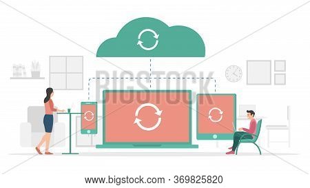 Sync Process In Progress On Cloud Storage Data With Modern Flat Style And Minimalist Green Color The