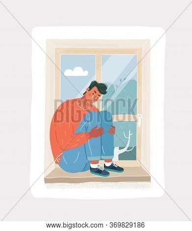 Depressed Crying Man Sitting At The Window Alone Feeling Lonely.