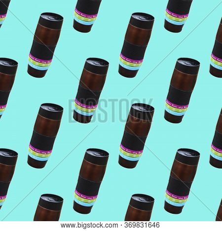 Pattern With A Thermocup. Background With Thermos. A Bottle On A Blue Background.