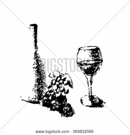 Bottle Of Wine, Grape, Glass Of Wine. Pencil Still Life. Romantic Set