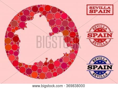 Vector Map Of Sevilla Province Mosaic Of Round Items And Red Grunge Stamp. Subtraction Round Map Of 