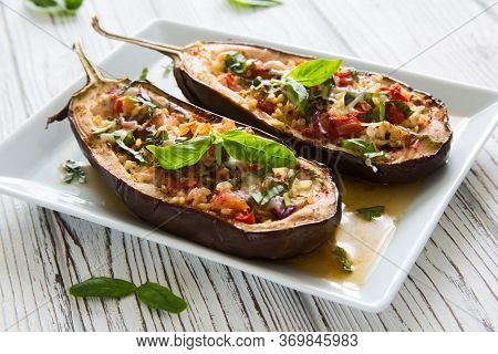 Eggplants Stuffed With Bulgur And Vegetables Close Up. Selective Focus