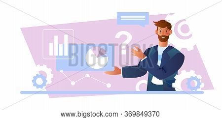 Online Business Consultation Concept With Successful Businessman, Diagrams And Gears. Smiling Financ