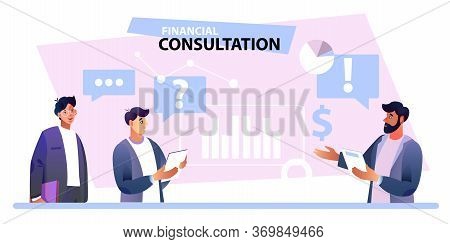 Financial Consultation Banner With Confident Advisor And Male Clients. Online Business Banner With A