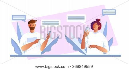 Vector Illustration With Smiling Young Male And Female Characters With Smartphones And Abstract Leav