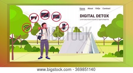 Traveler With Backpack Holding Compass Gadgets In Red Prohibition Signs Digital Detox Concept Guy Hi