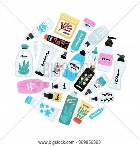 Vector Cosmetic Products. Natural Cosmetics. Beauty Care. Flat Hand Drawn Elements Is For Advertisin