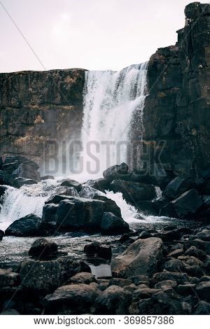 Ehsaraurfoss Falls On The Ehsarau River, The Silfra Fault, The Tingwedlire Valley In Iceland.