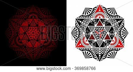 Geometric Thai Pattern Mixed Art, Polynesian Art, Mandala Art. In The Shape Of Hexagons, Triangles A