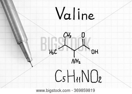 Chemical Formula Of Valine With Pen. Close-up.