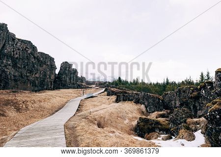 Wooden Hiking Trail In Sylfra Fault, Thingvedlir Valley In Iceland.
