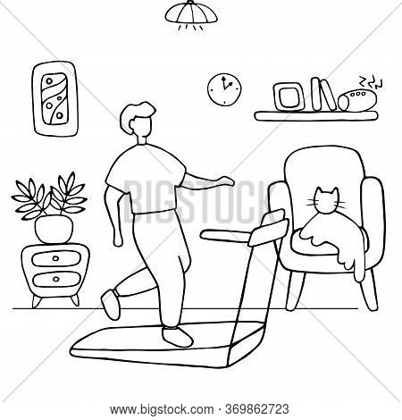 Young Man Running On Treadmill. Sport Training At Home. Doodle Vector Graphic.