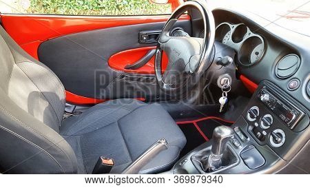Bordeaux , Aquitaine / France - 05 05 2020 : Fiat Barchetta Interior Of Car Red Sport Cabriolet Road