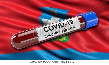 Flag of Oryol Oblast waving in the wind with a positive Covid-19 blood test tube. 3D illustration concept for blood testing for diagnosis of the new Corona virus.