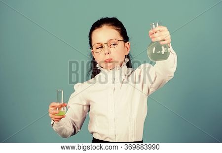 Science Research In Lab. Small School Girl. Child Study Bilogy Lesson. Back To School. Education And