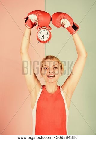 Control Time. Activity Time. Establishing The Clock Time. Time To Fight. Win The Day. Happy Woman Bo