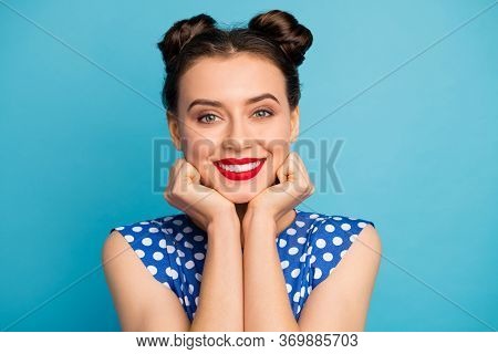 Closeup Photo Of Pretty Charming Lady Red Pomade Hands Hold Face Head Overjoyed Affectionate Overjoy