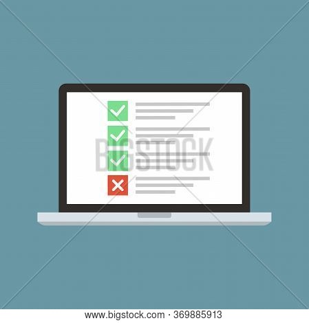 Laptop In Flat Style With List And Checkbox And Marks. Desktop Computer With Checkbox Screen. Comput