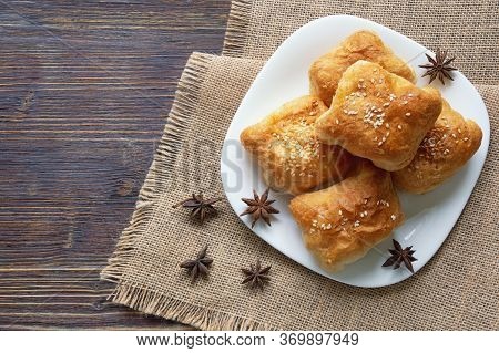 Mantije ( Manti ) - Pastry,  Popular National Dish Of Balkan Cuisine.  Flat Lay, Space For Text