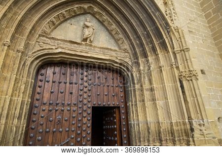 Santa Maria church entrance in Sadaba, Zaragoza province, Aragon in Spain.