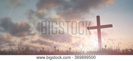 Silhouette Jesus Christ Crucifix On Cross On Calvary Sunset Background Concept For Good Friday He Is