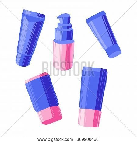 Hand Drawn Cosmetics Set. Professional Makeup Concealer, Highlighter, Bb-cream And Foundation In Tub