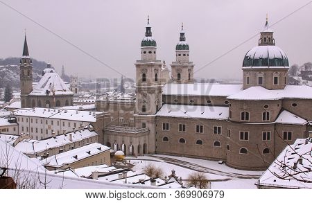 Salzburg Cathedral View From Hohensalzburg Fortress Old Castle In Salzburg, Austria In Winter