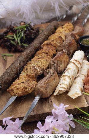 Beef Shashlik On A Woosen Board. Marinated Meat For Lunch