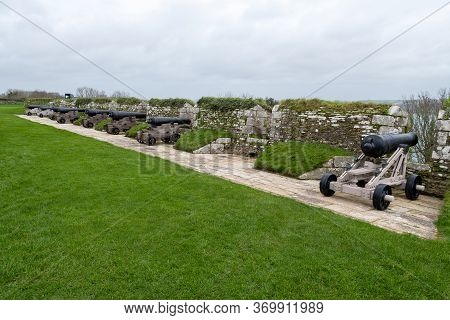 Falmouth.cornwall.united Kingdom.february 21st 2020.a Row Of Cannons Is On Display At Pendennis Cast