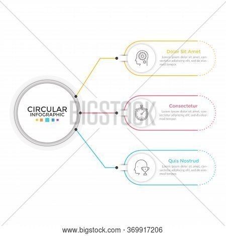 Diagram With 3 Elements Connected To Main Circle. Concept Of Three Features Or Stages Of Business Pr