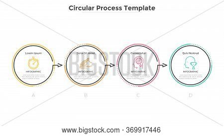 Horizontal Diagram With 4 Circular Elements Connected By Arrows. Concept Of Four Successive Stages O