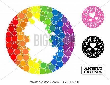 Vector Mosaic Lgbt Map Of Anhui Province With Circle Elements, And Love Grunge Stamp. Hole Circle Ma