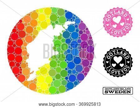 Vector Mosaic Lgbt Map Of Gotland Island With Circle Elements, And Love Grunge Stamp. Stencil Circle